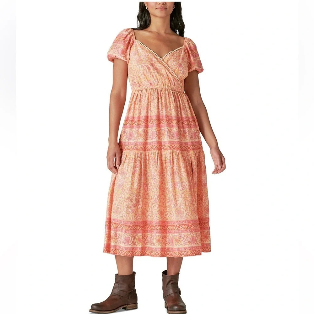 Lucky Brand orange boho midi dress size X small